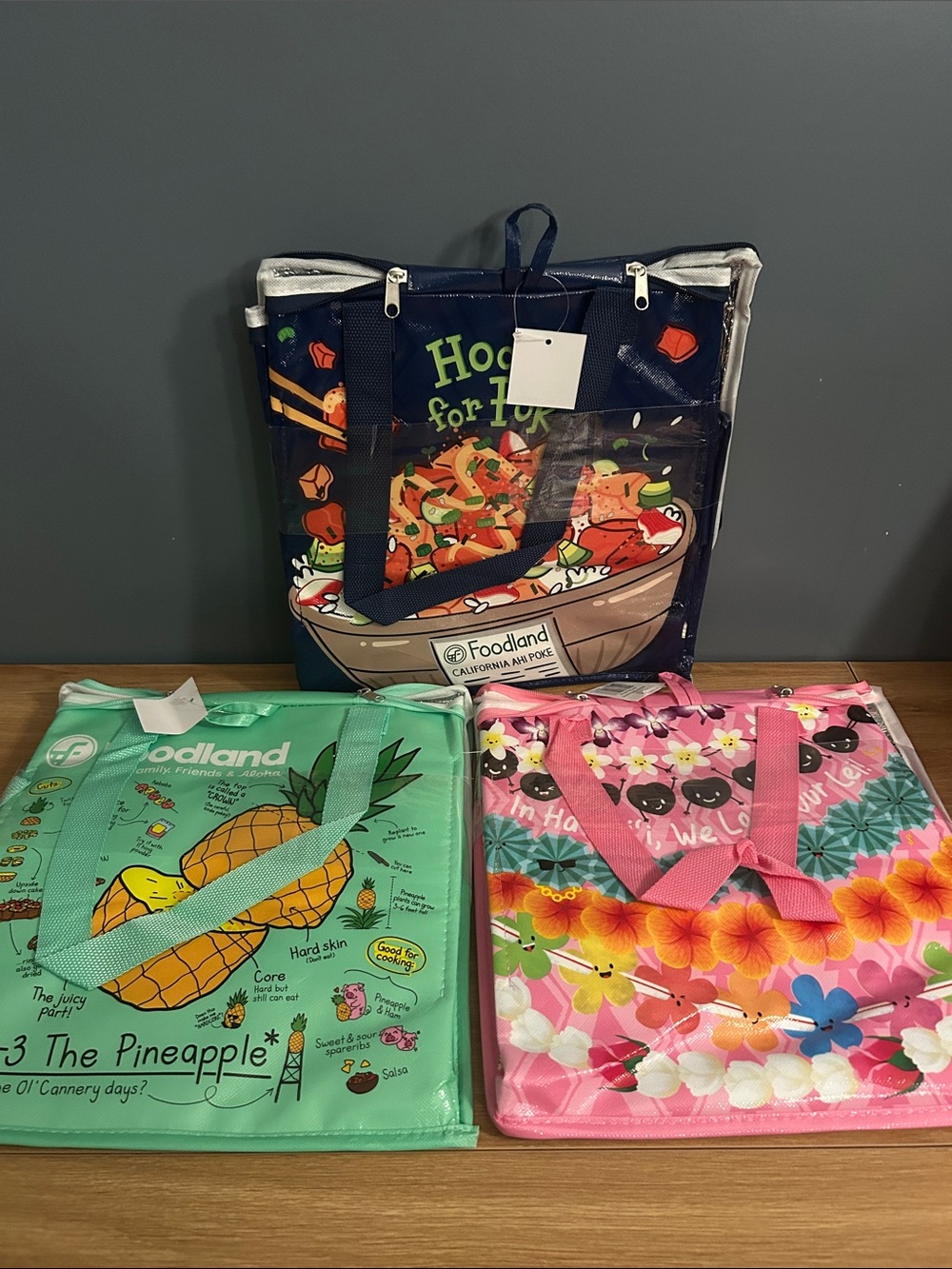 Foodland Hawaii Set Of 3 Insulated Reusable Bags ~ Poke/pineapple/Leis